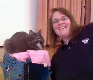Mary Shafer and her bling cat, Idgie, at a presentation in Bethlehem, PA